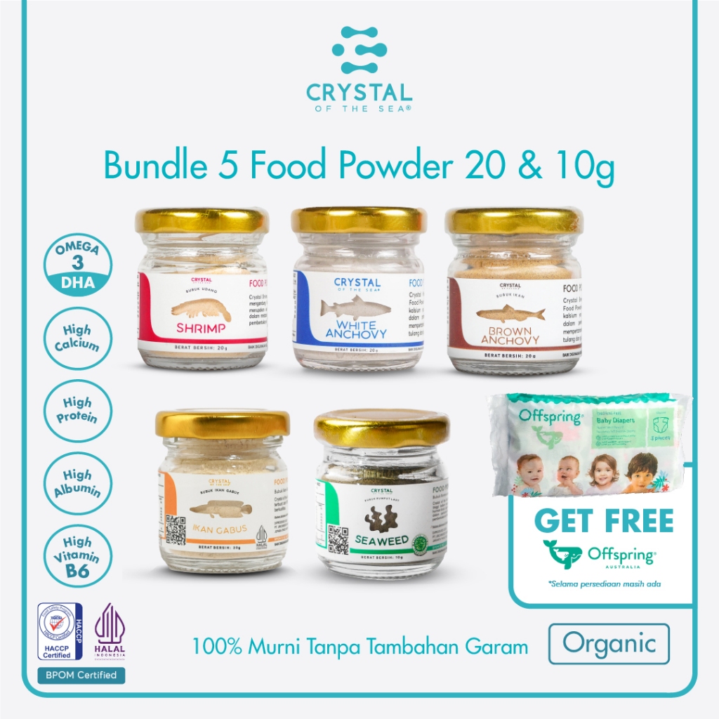 

Crystal of the Sea | Bundle 5 Food Powder (20GR & 10GR) | Bubuk Ikan Teri Nasi | Bubuk Udang Rebon | Bubuk Teri Jengki | Bubuk Rumput Laut/Umami | Bubuk Ikan Gabus / Penyedap Kaldu MPASI NON MSG PAKET HEMAT