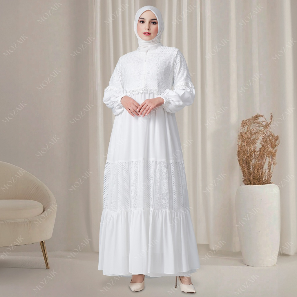 MOZAIK DRESS BEST SELLER FASHION MUSLIM GAMIS PUTIH WANITA MUSLIM KEKINIAN TERBARU ABAYA WARNA PUTIH