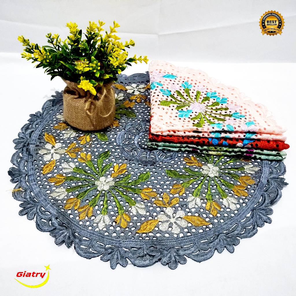 RB taplak meja tamu bulat kecil bordir motif bunga /taplak meja sudut/taplak vas bunga/taplak meja