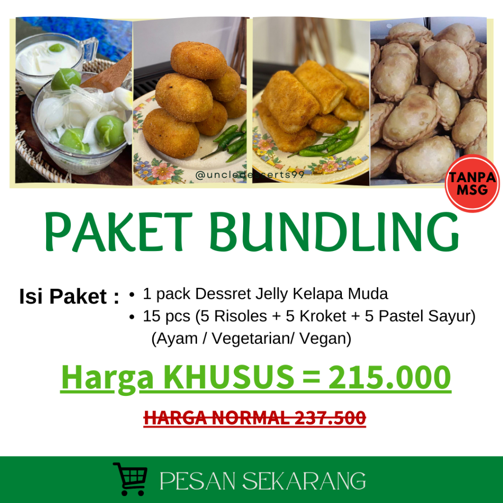 

Paket Bundling Risoles Ragout + Kroket + Pastel sayur isi telur + Dessert Jelly Kelapa Muda PREMIUM