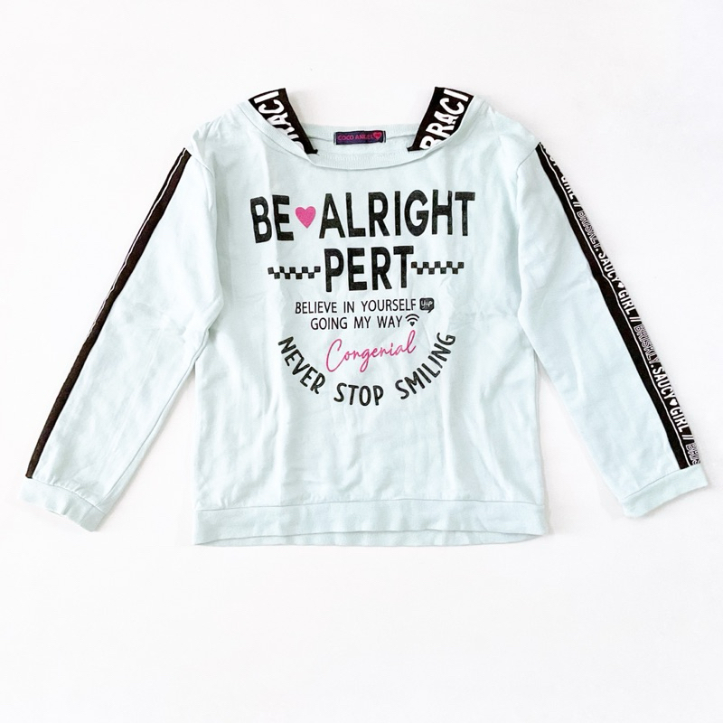 Coco Mint Harajuku Stripe Accent Long Sleeve Crewneck Shirt Atasan Kaos Kerah Bundar Lengan Panjang 