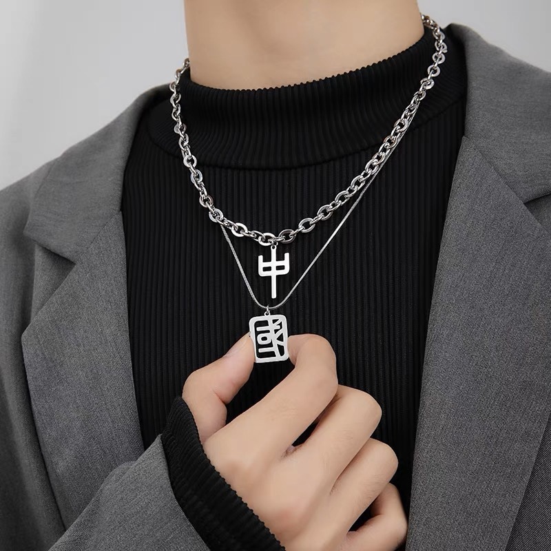 Kalung Tulisan Korea Double Layer / Rantai Kalung Dua Liontin Aksara Jepang Unik Keren Gaya Hip Hop 