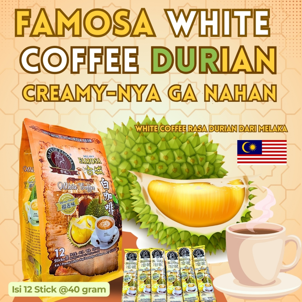 

Famosa Melaka Kopi Durian White Cofee Isi 12 Saset @40 Gram 4 in 1 Import dari Malaysia Halal BPOM