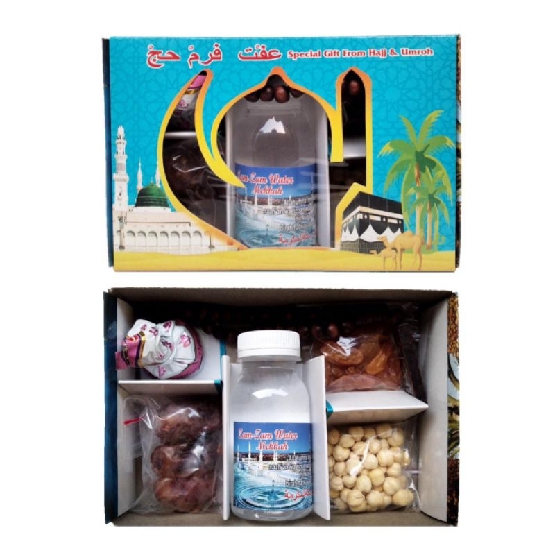 

kurma / air zamzam / zam zam water / zam-zam / kismis / permen coklat / cokelat turki / truffle / kacang arab / tasbih / paket lengkap hadiah / oleh oleh umroh / umrah / haji / hajj 1 box