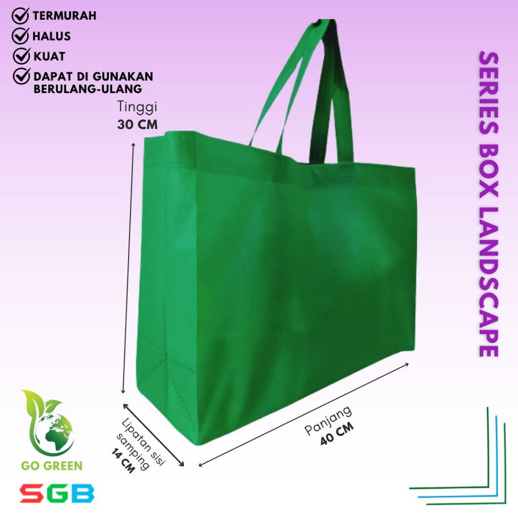 

Tas Spunbond Handle Box Model Landscape uk 40x30x14 harga PER LUSIN / Goodie Bag / Tas kain POLOS