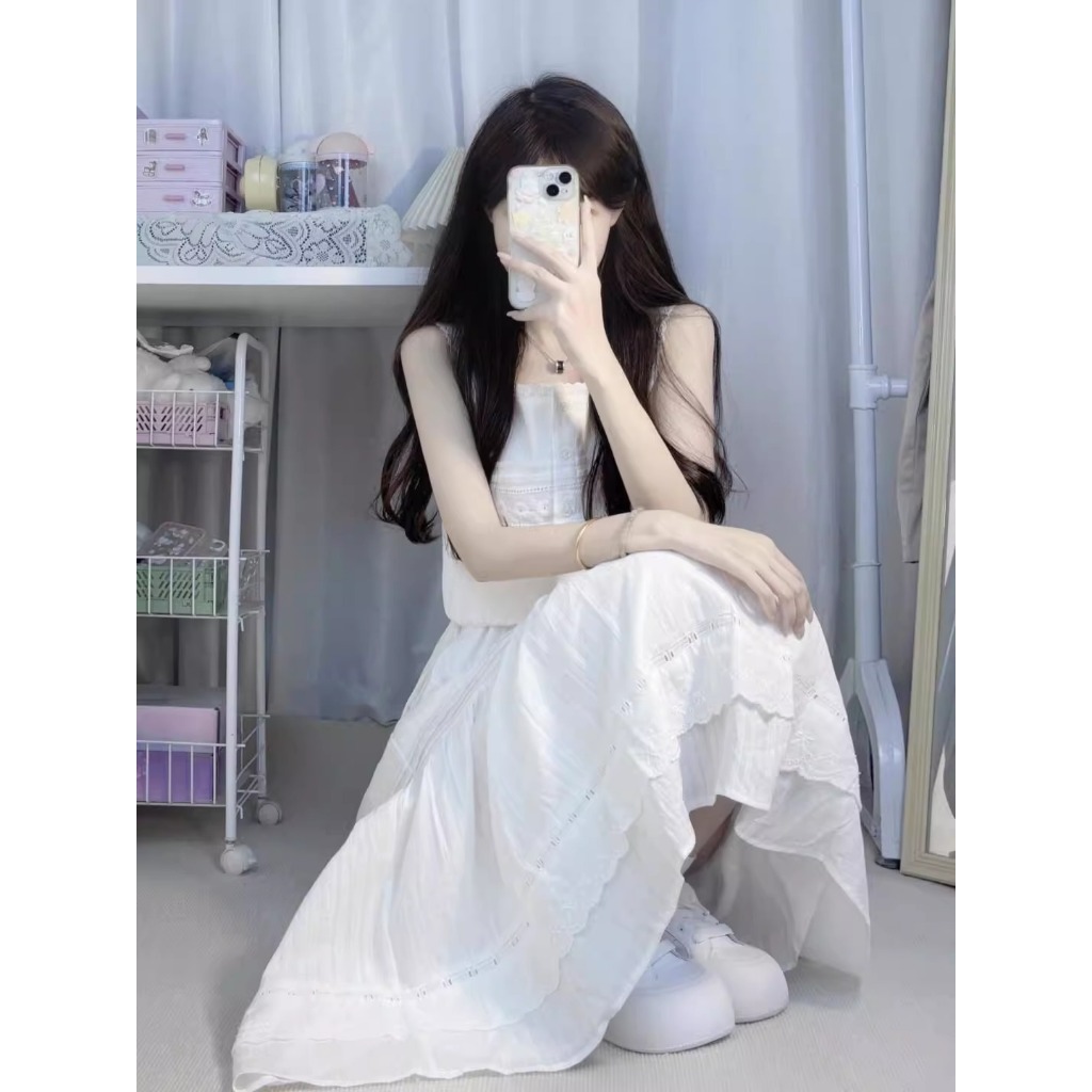 Dress putih Import satu set wanita gaun panjang Putih Premium tanpa lengan