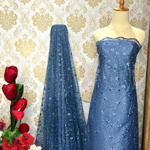 PROMO TILE AKAR MUTIARA GLITER / BAHAN BROKAT / KAIN BROKAT / TILE / BROKAT TILE WARNA DENIM  MARUN 