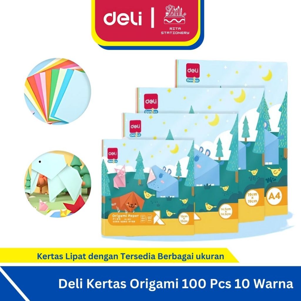 

Deli Kertas Lipat Origami Paper 12x12 / 14x14/ 19x19 cm 100 pcs 10 Warna 2 sisi