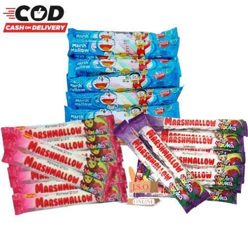 

[ JSO ] Youka Marshmallow Kepang Stick 1 Pack Isi 20 Ranjani Doraemon Marshmallow Kepang Stick Permen Marshmallow Strawberry Anggur Snack