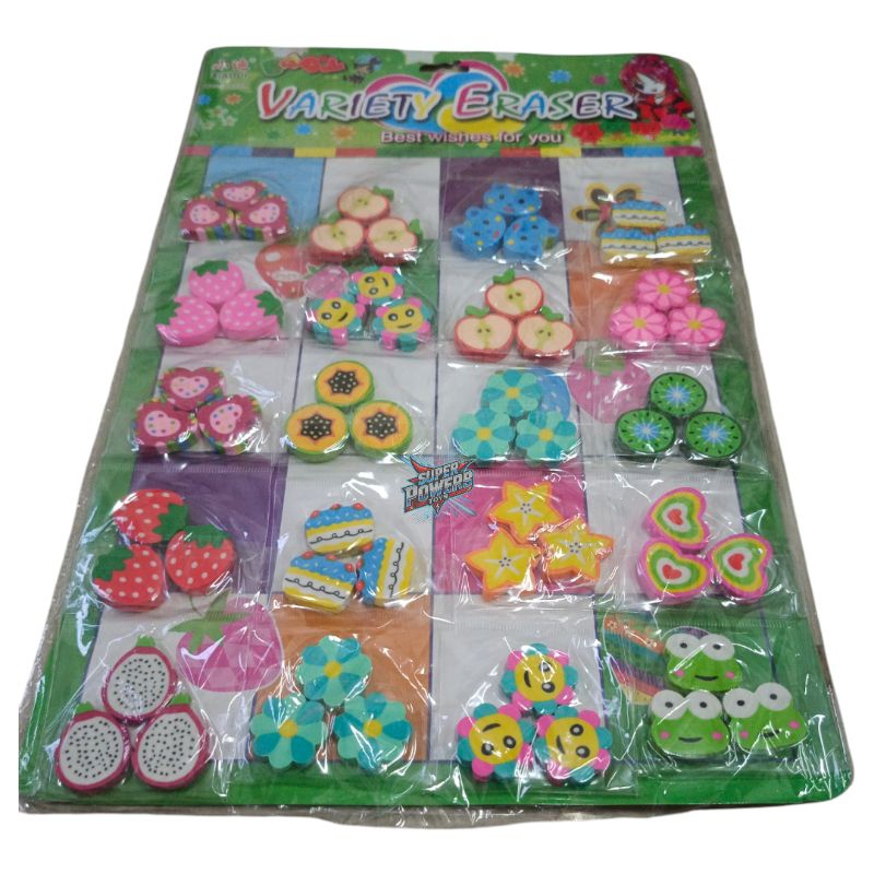 

( 20 Sachet = 60 Pcs ) Hapusan Karakter Variety Eraser 1 Lembar Isi 60 PCS / Hapusan Karakter BUAH