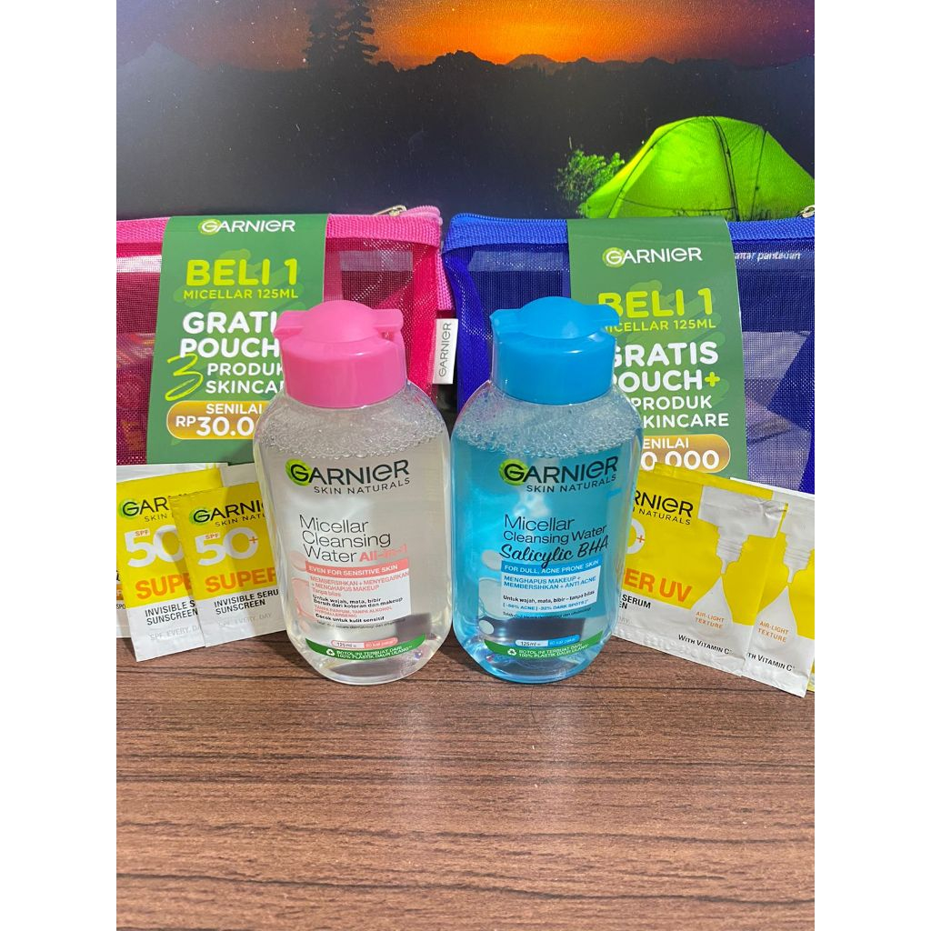 GARNIER MICELLAR WATER 125ML FREE POUCH + 2 SUNSCREEN + BRIGHT SERUM KEMASAN SACHET