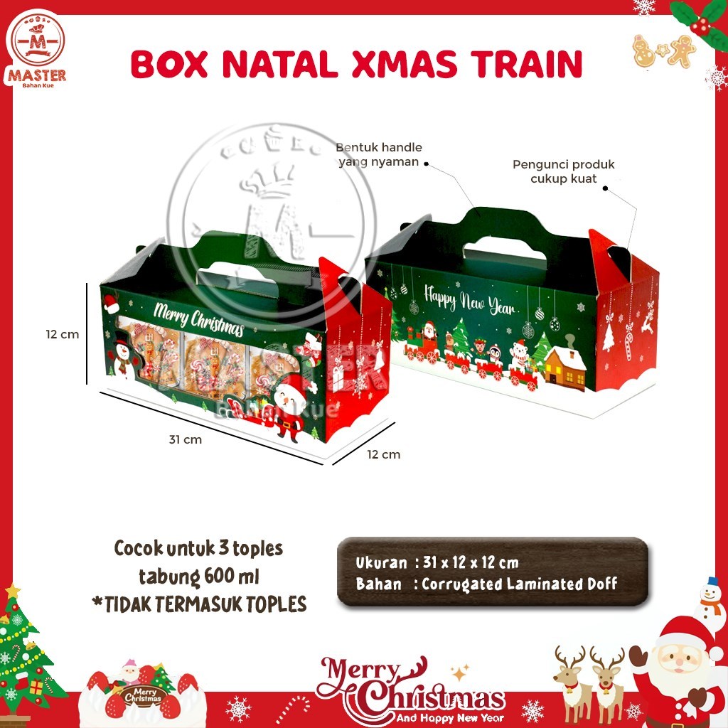 

Box Kado Natal XMAS TRAIN untuk 3 Toples Tabung 600ml Kue Kering Natal Christmas Gift Box [1 pcs]