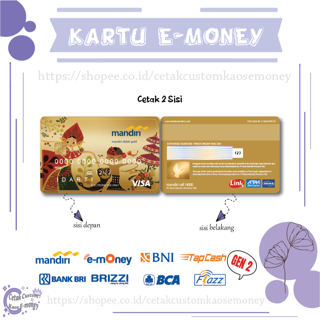 KARTU E MONEY E TOLL CARD MANDIRI DEBIT GOLD VISA CARD MANDIRI EMONEY BNI BRI BCA - 2 SISI