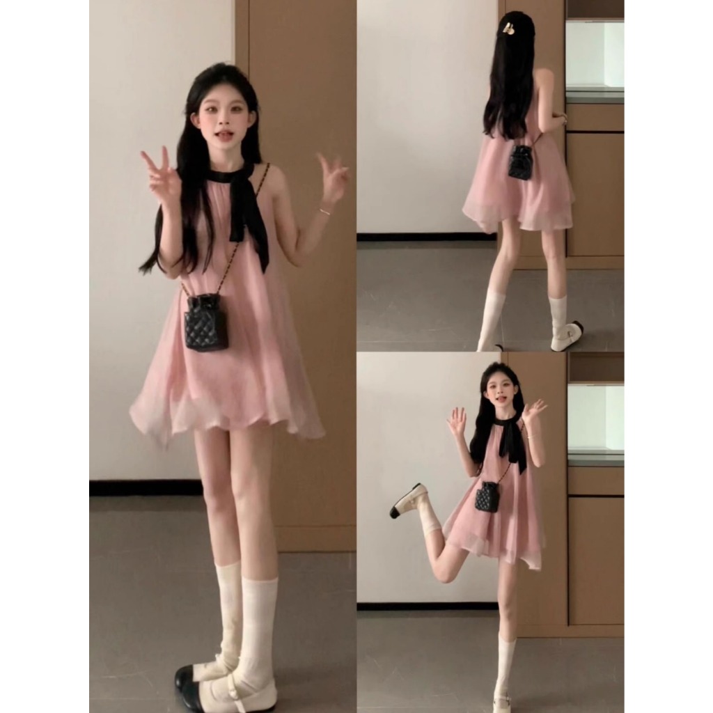 Pink Dress Bahan Chiffon Wanita Gaun Premium Import Korea Bahan Bagus