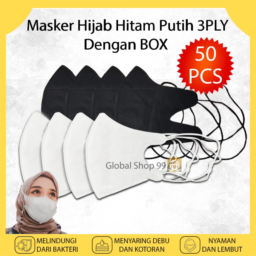 Masker Duckbill 50 PCS HIJAB WARNA PUTIH HITAM 3 PLY Duckbil Headloop Kemenkes Original Face Mask Ma