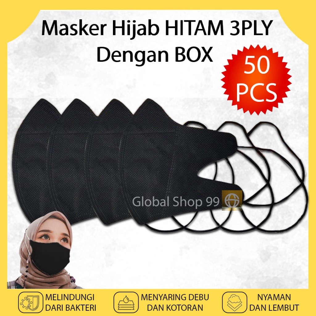 Masker Duckbill 50 PCS HIJAB WARNA HITAM 3 PLY Duckbil Headloop Kemenkes Original Face Mask Masker M