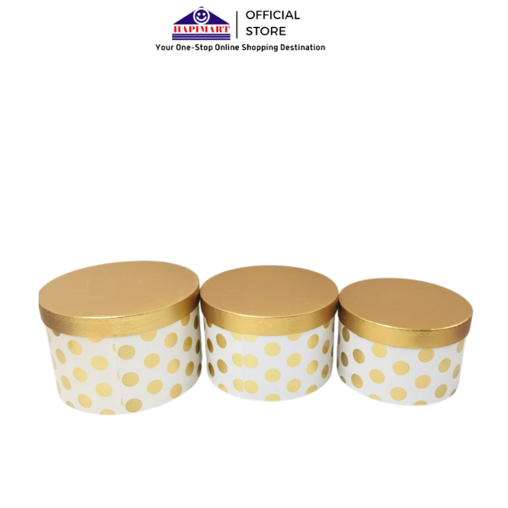 Gift Box Bulat/Box Kado/Box Hampers/Kotak Kado/Round Box Polkadot Warna Putih Gold Ukuran Medium