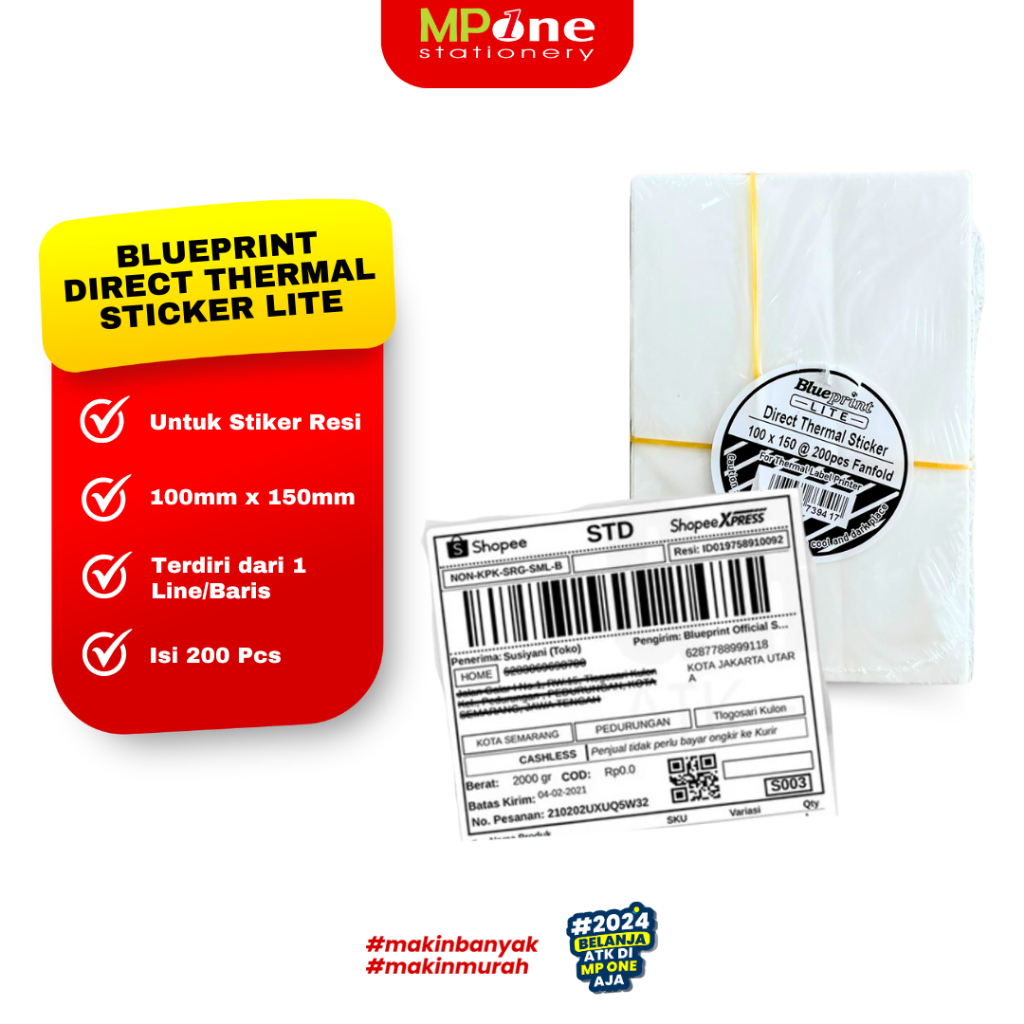 

(1 SHEET) Blueprint Direct Thermal Sticker Lite Barcode Resi 100x150 Isi 200 Pcs / Stiker Cetak Barcode Resi Blueprint