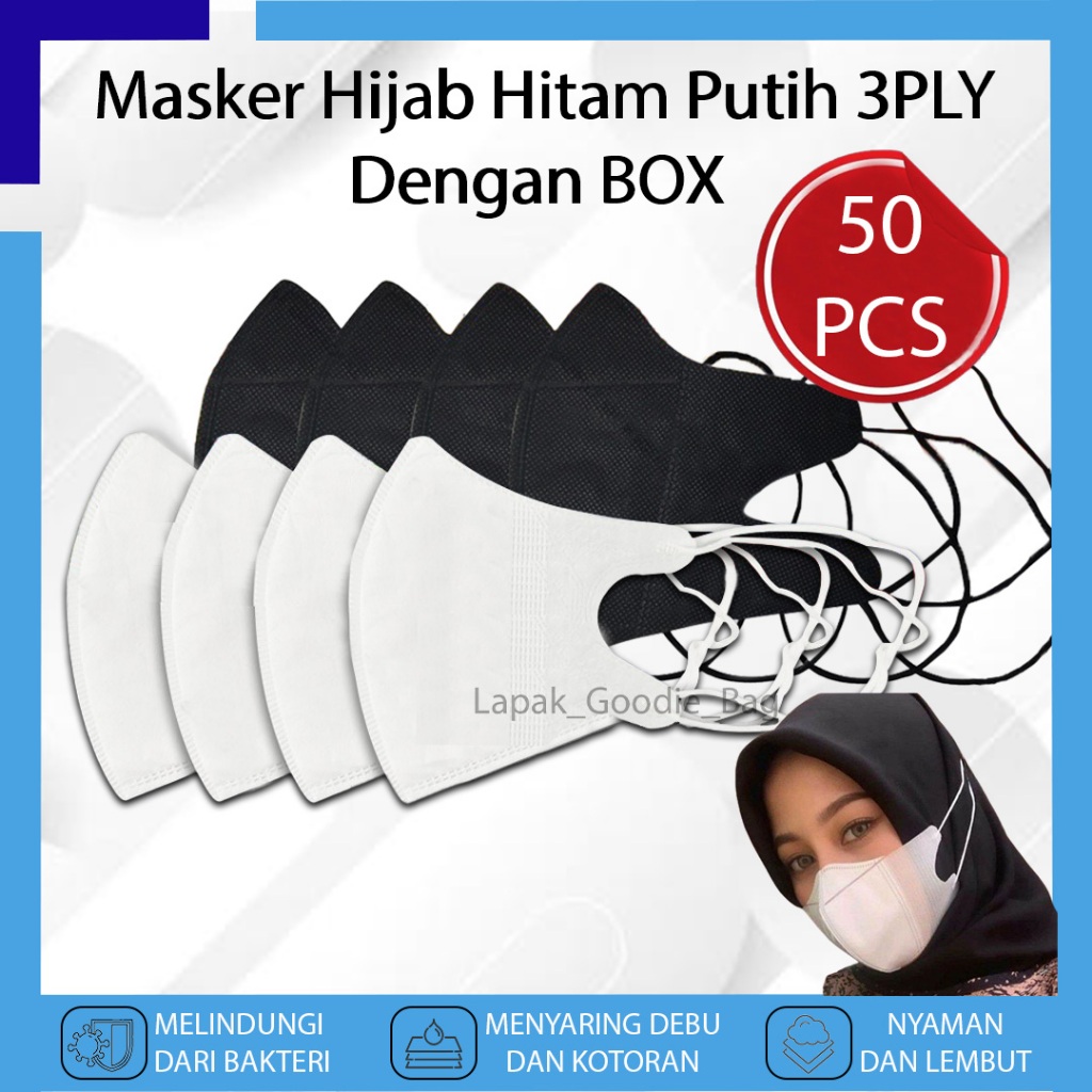 Masker Duckbill 50 PCS HIJAB Warna Hitam Putih WHITE BLACK 3 PLY Premium Face Mask Original Masker M