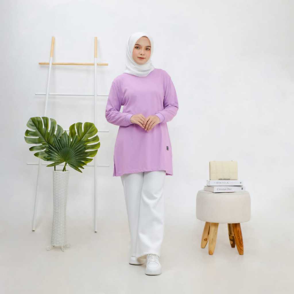 Hipocryte Non Tunik Wanita Terbaru Tunik Kaos Polos Lengan Panjang Wanita Warna Lilac Ready Size M,L