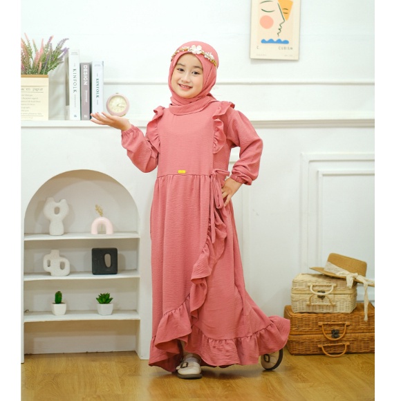KODE O48E Gamis Anak Elena Dress Bahan Crinkle Airflow Free Pasmina Instan Usia 11 tahun H1