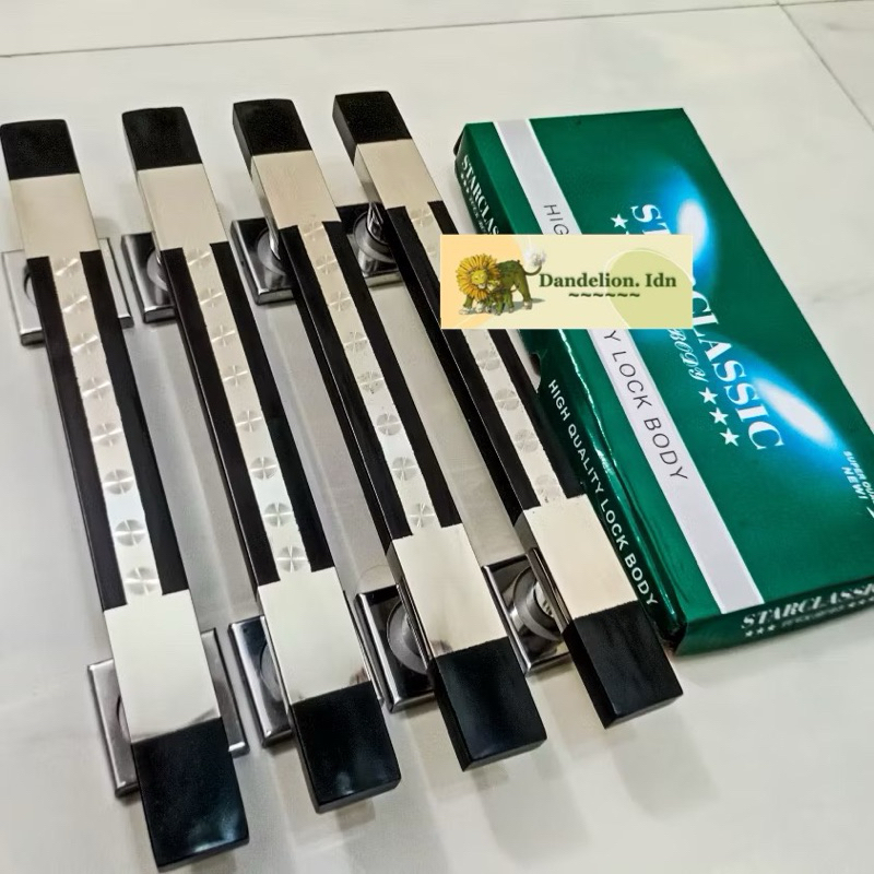 Satu set 4 gagang motif kotak grafir + body kunci handle pintu rumah / tarikan pintu rumah kupu taru