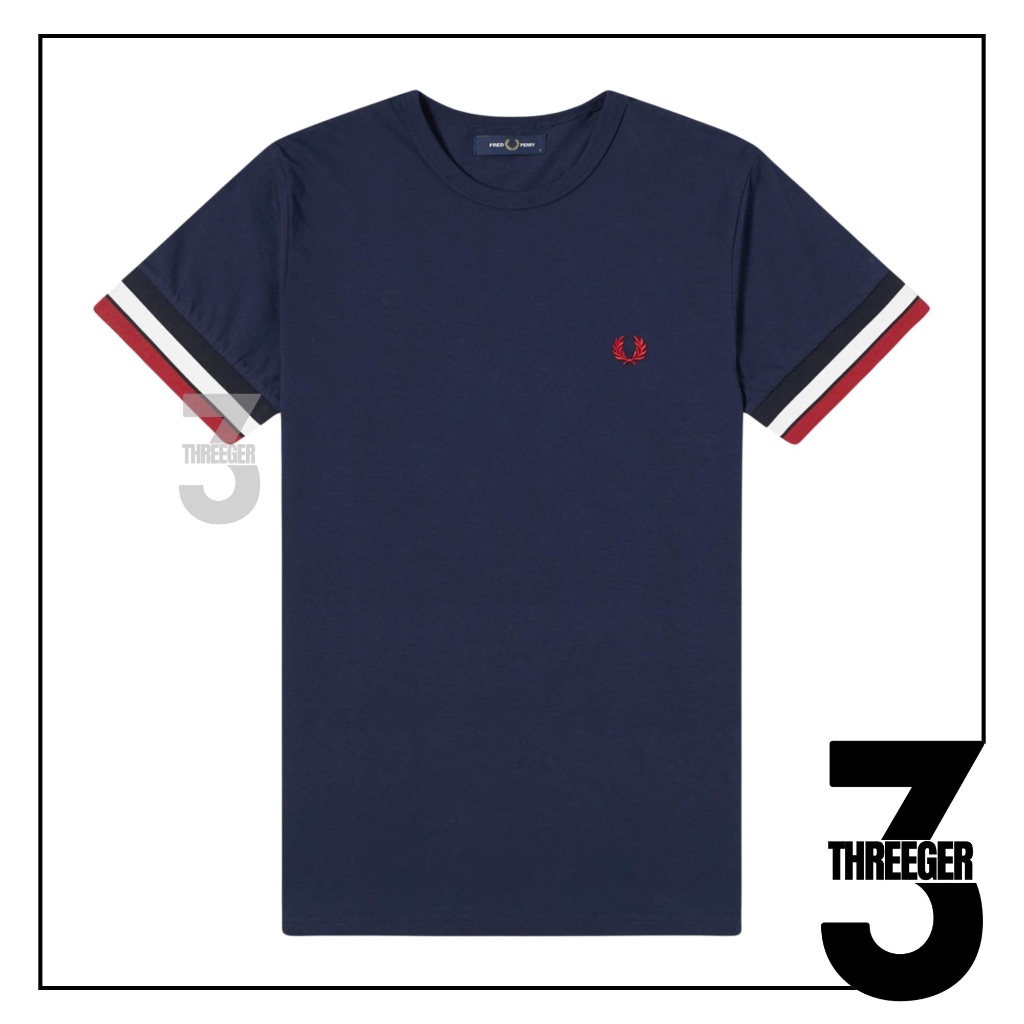 Fred Perry Red White Bold Sleeve Tee Navy Original / Kaos Fred Perry Original