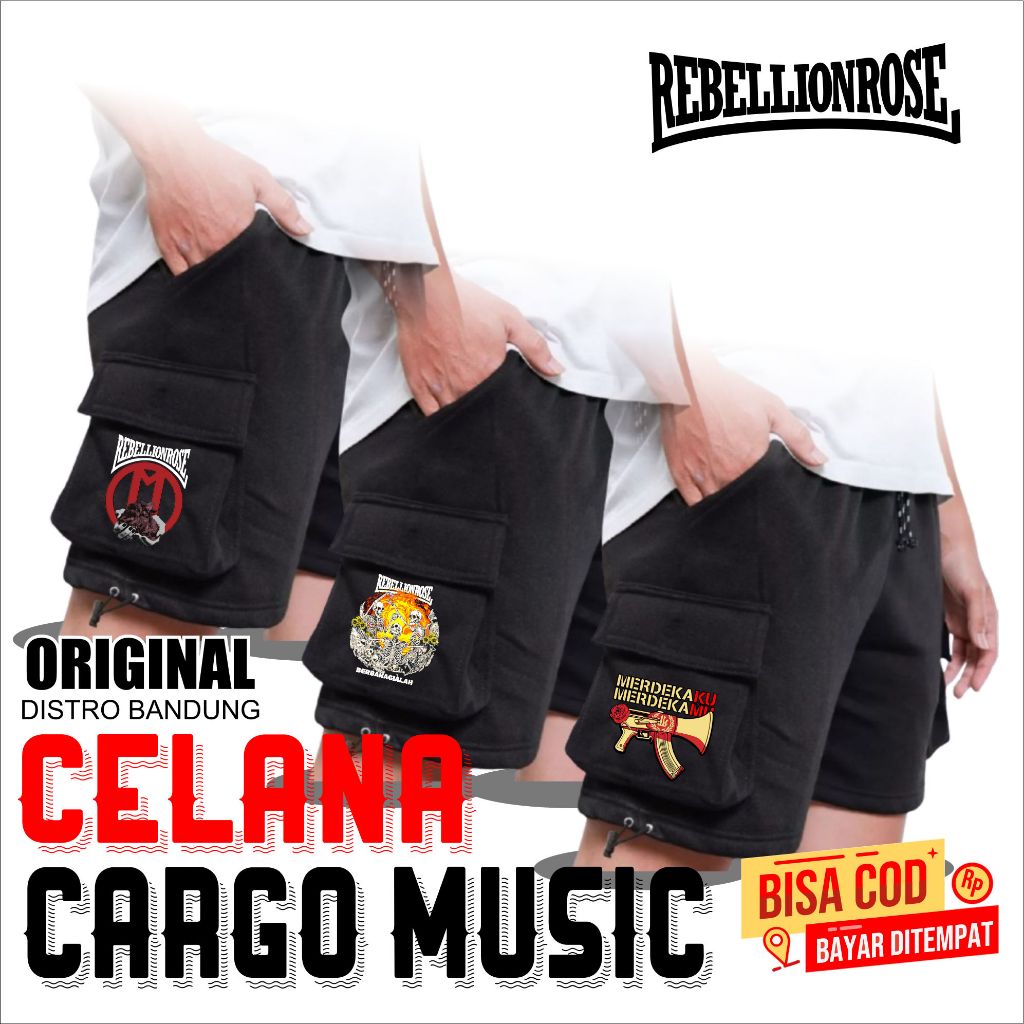 CELANA KARGO MUSIC BAND REBELION ROSE ORIGINAL 120% - CELANA BOARSHOT FLECCE CATTON Hitam - CELANA B
