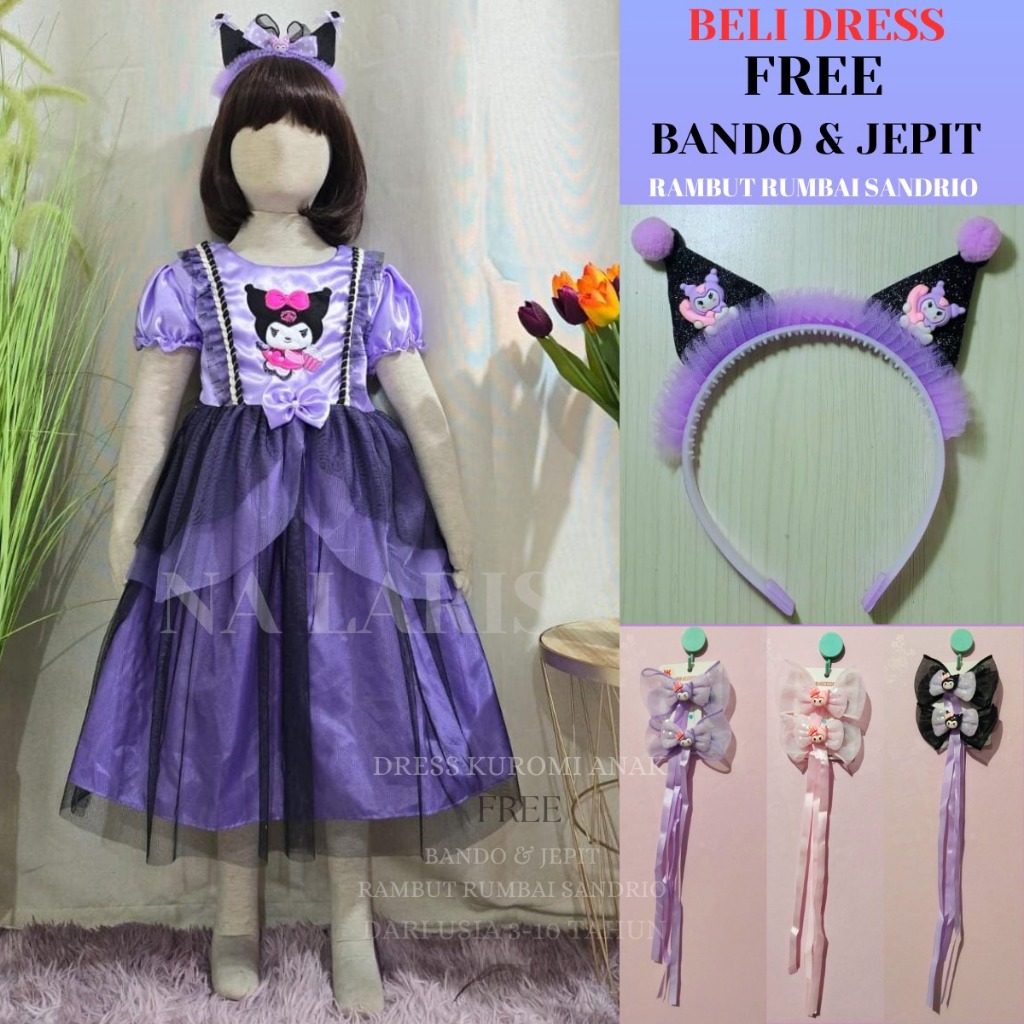 ( GRATIS BANDO & ACSESORIES KUROMI ) Dress ultah kuromi anak perempuan import usia 3 - 10 tahun gaun