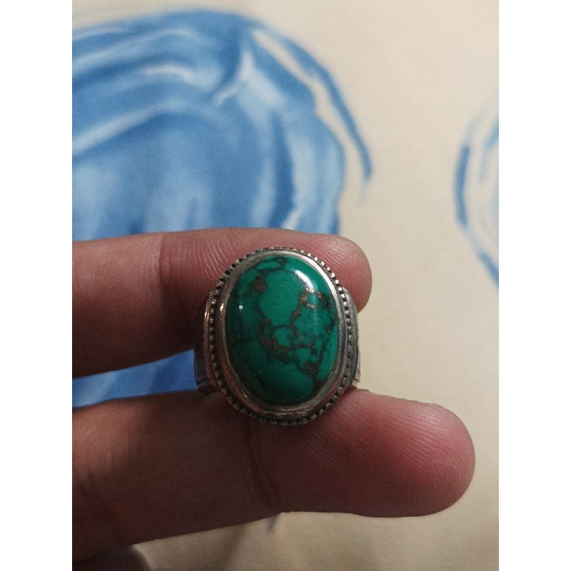 Pirus hijau tua lawas serat emas ring perak