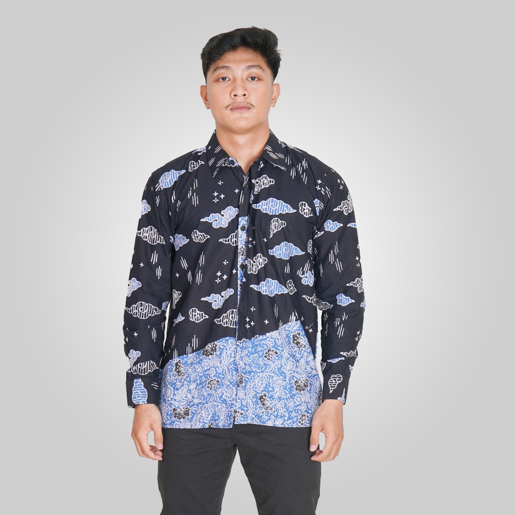 BATIK TRUSMI Atasan Batik Kemeja Batik Pria Motif Mega Mendung Bunga Hitam MUN