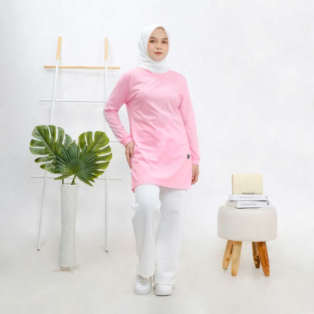 Grazzi Arrival Tunik Kaos Polos Wanita Lengan Panjang Kaos Tunik Wanita Kekinian Warna Pink Peach