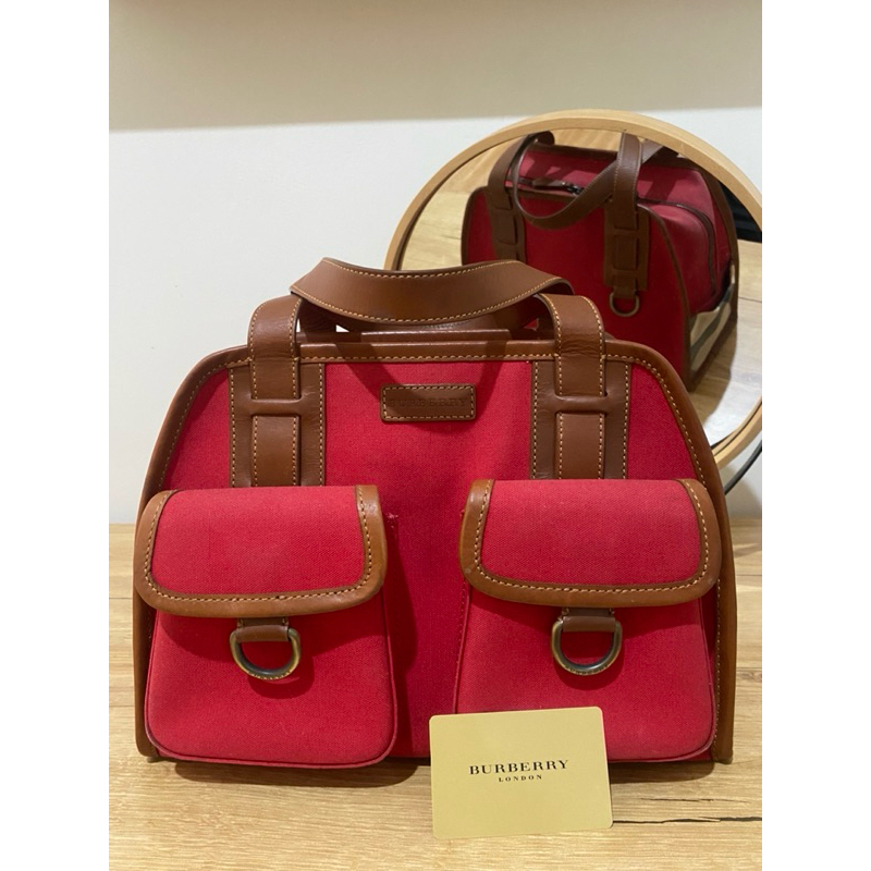 Authentic Burberry Red Canvas Plaid Detail Pockets Top Handle Bag