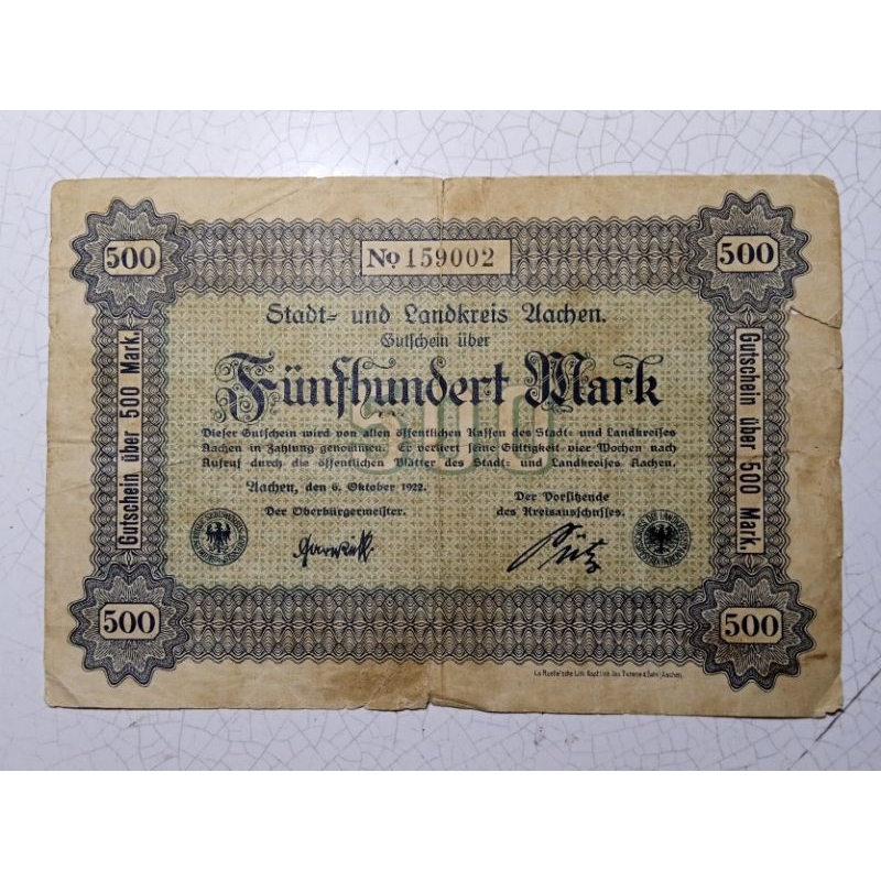 Kertas Uang Jerman State 500 Mark 1922