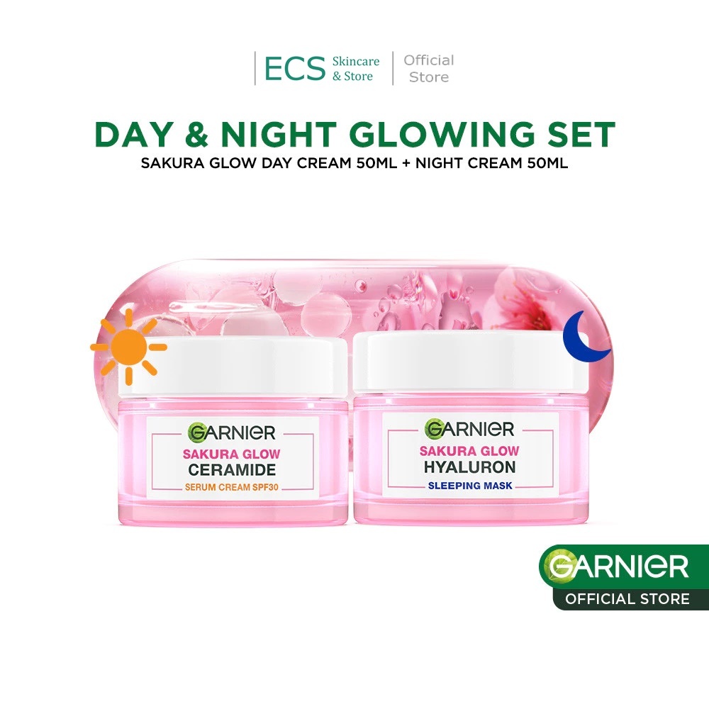 (Dapat 2 Pcs) Garnier Sakura GLOW White HYALURON Day + Night Cream - Krim Pagi/Siang Malam Skincare 