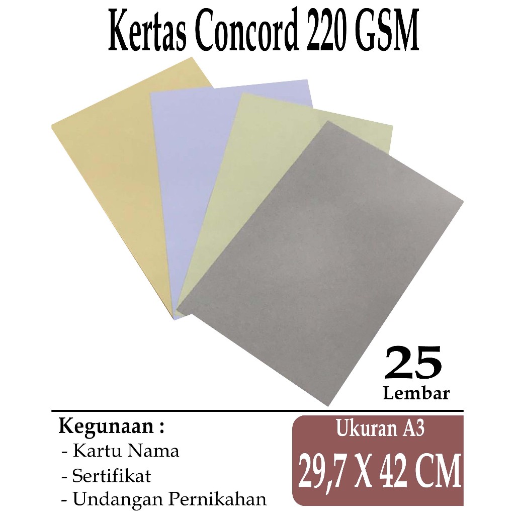 

KERTAS CONCORD 220 GSM UKURAN A3 ( 29,7 X 42 CM ) WARNA KUNING , CREAM , PUTIH , ABU ABU , 25 LEMBAR
