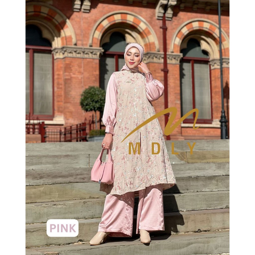 MDLY Nashwa/Aezaa set celana Setelan wanita One Set Atasan Long Tunik silk premium katun bordir