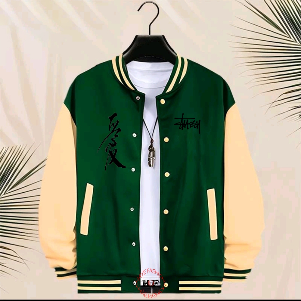 Haye Fashion - Unisex Jacket Baseball Kancing Stussy Text Jepang Hitam Jacket Resleting Varsity