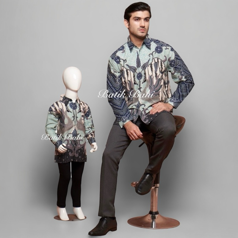 HIJAU MINT BURUNG,Kemeja Batik Couple Ayah Anak Lengan Panjang Lapisan Furing Katun Hero Warna Hijau