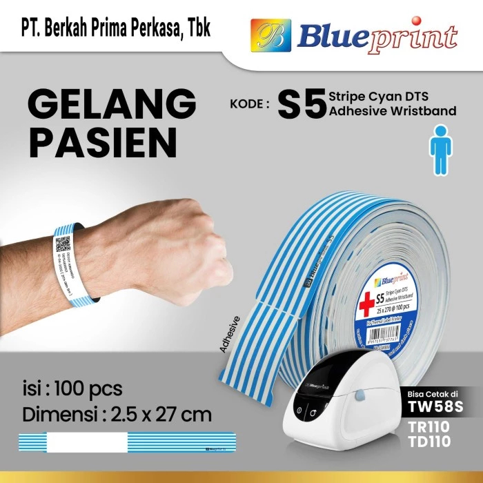 

Direct Thermal Stiker ID Band BLUEPRINT 25x270 mm Gelang Pasien Dewasa - Biru Strip
