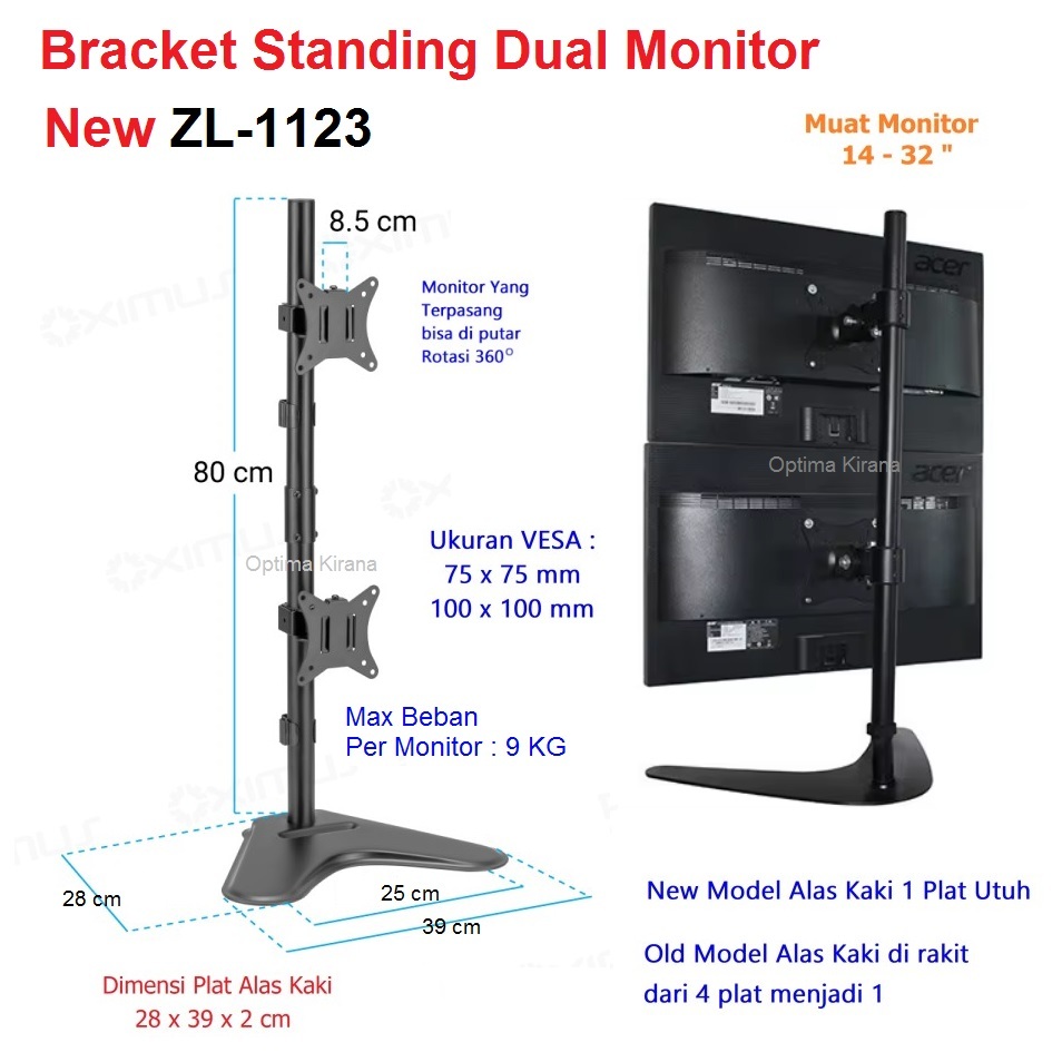 BRACKET STANDING ZL-1123 TAPAK MEJA Berdiri DESK DUA Lengan ARM ZL1123 PC MONITOR FLAT Curve 14 17 1