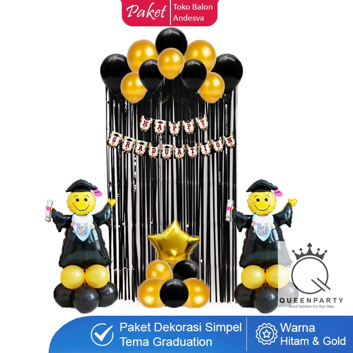 paket dekorasi graduation hitam gold / set balon dekorasi wisuda happy graduation / balon congrats