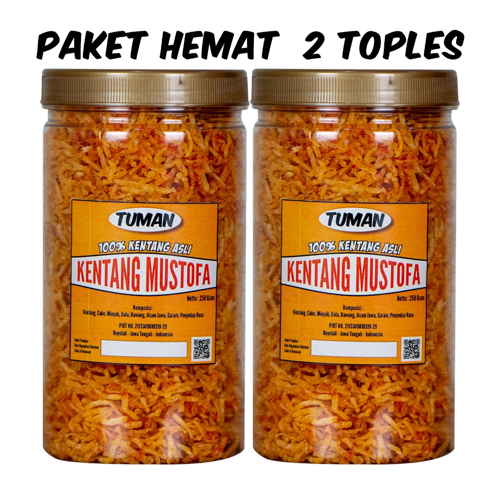 

Cemilan Tuman Kentang Mustofa Pedas Manis dan Original Paket Hemat 2 Toples 1000ml Renyah Crispy