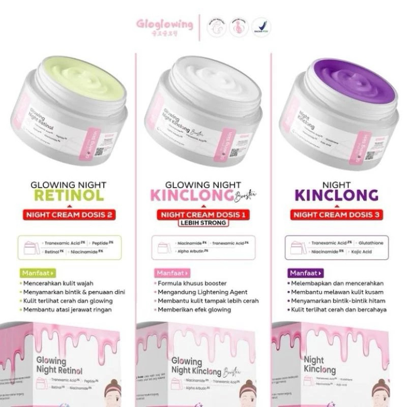 2 in 1 gloglowing, cream siang malam, day cream& night kinclong boster/night kinclong ungu/ night re