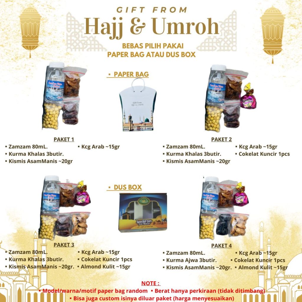 

PAKET OLEH-OLEH UMROH DAN HAJI Dus Paperbag Ekonomis Plus Isi Umrah hadiah hajj oleh sovenir