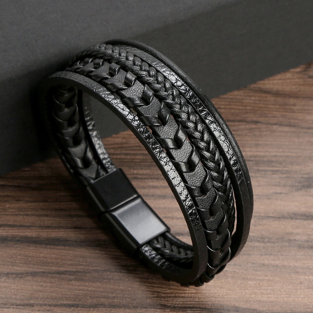 Gelang kulit anyaman hitam coklat 19cm/21cm/23cm baja titanium Gelang batu mata harimau Aksesori pri