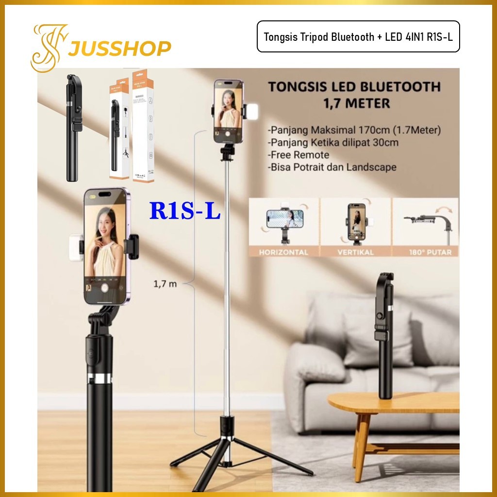 Tongsis Bluetooth 4in1 R1S-L Tongsis Tripod Remote Shutter + Lampu Led 170CM Selfie Stick 360 Deraja