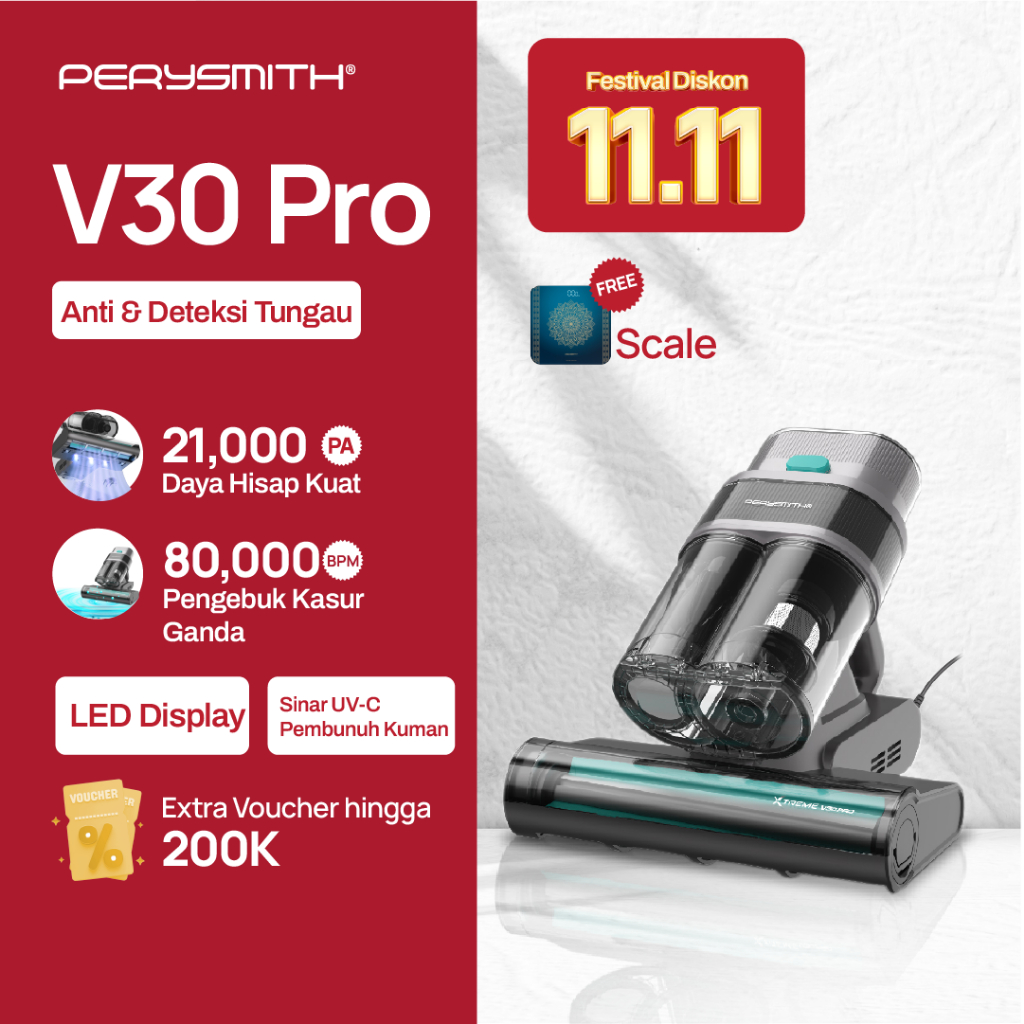 PerySmith V30 Pro Ultrasonic Double Dust Cup Anti Dust Mite UV Vacuum Cleaner Penyedot Debu Tungau M