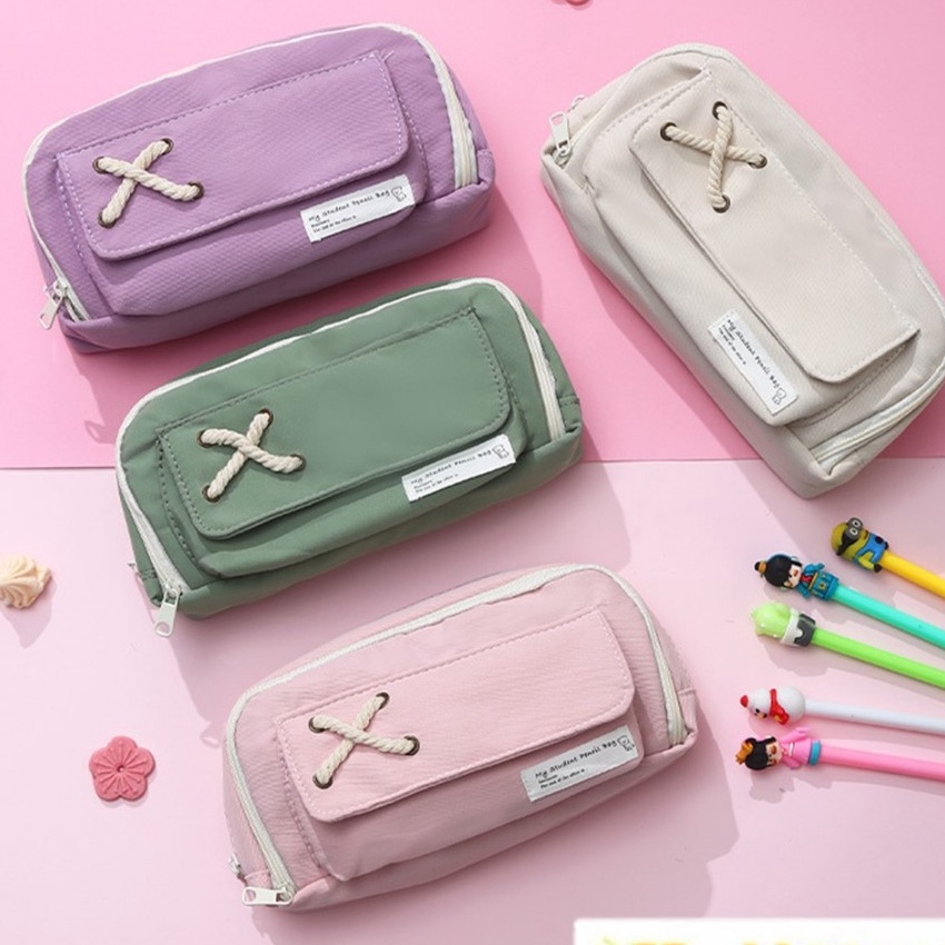 

Langka HC Tempat Pensil Model Pita Silang Kotak Pensil Tali Rami Ritsleting Ganda Bahan Kanvas Pouch Tempat Alat Tulis Perlengkapan Sekolah Kantor Dua Sisi Resleting