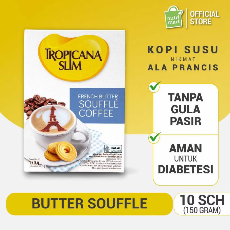 

Tropicana Slim French Butter Souffle Coffee 150g ( 10 Sachet @15g) - Kopi Susu ala Perancis Nikmat Tanpa Gula Pasir
